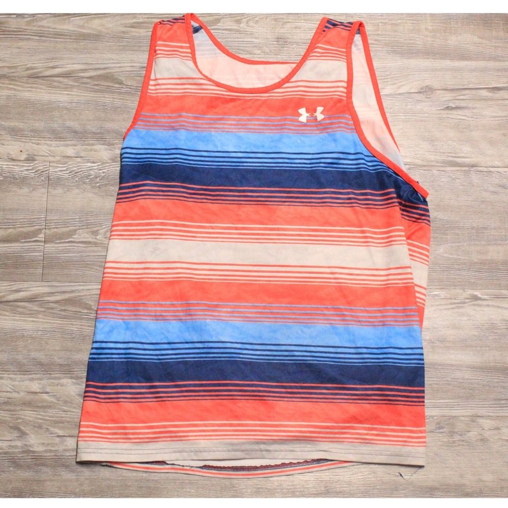 Under Armour Mens Small HeatGear Striped Tank Top Orange Blue Sleeveless Shirt